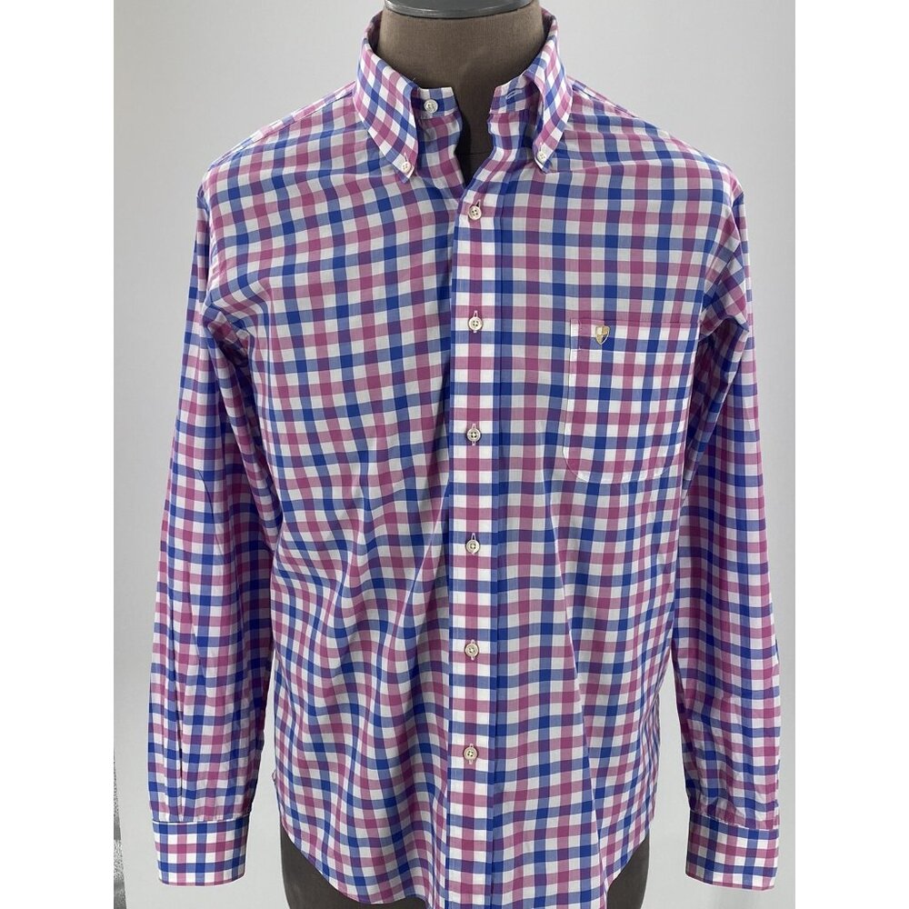 High Cotton Men's Shirt Button Front Long Sleeve Blue Pink White Check Large